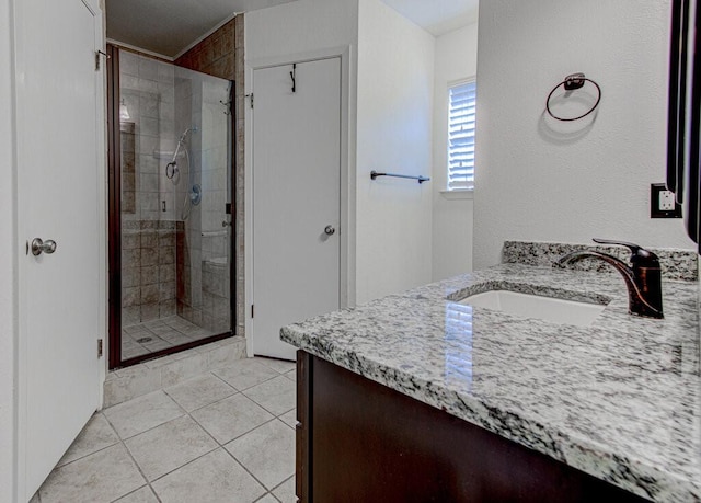 bathroom featuring a stall shower, vanity, and tile patterned floors