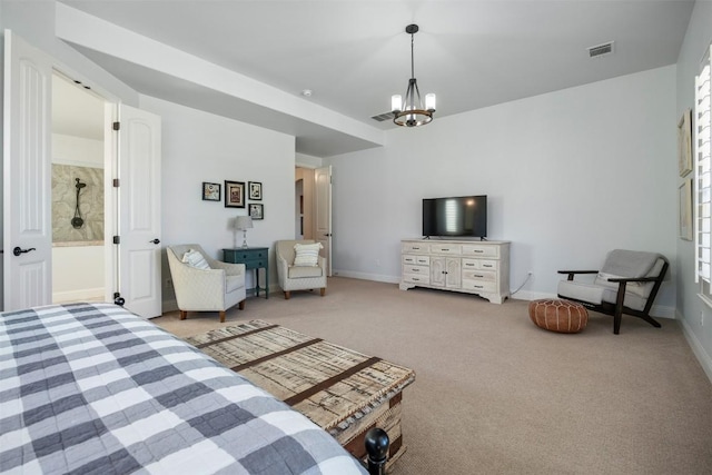 bedroom featuring a chandelier, carpet floors, visible vents, and baseboards