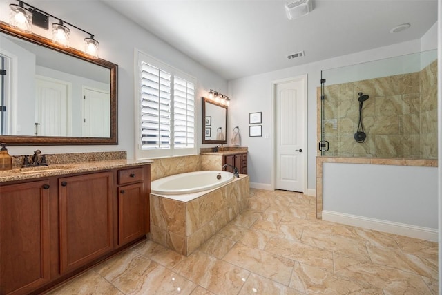 full bath featuring a garden tub, visible vents, a sink, and tiled shower