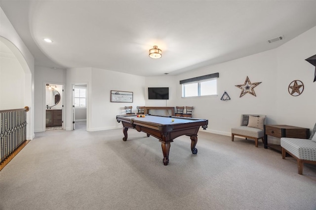 recreation room featuring billiards, baseboards, visible vents, light colored carpet, and recessed lighting