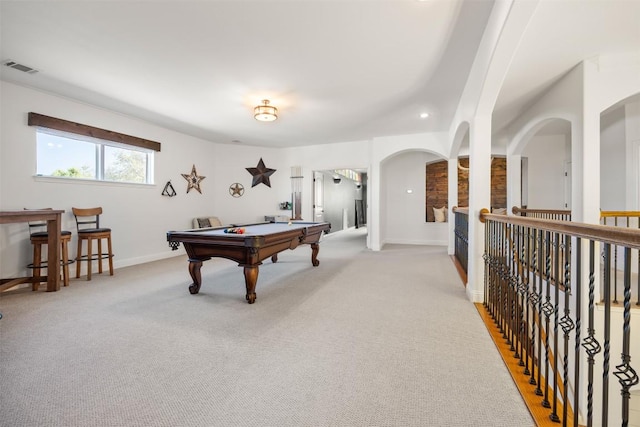 rec room featuring light carpet, pool table, visible vents, and baseboards