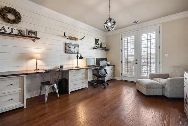 office area with dark wood-style floors, french doors, visible vents, ornamental molding, and baseboards