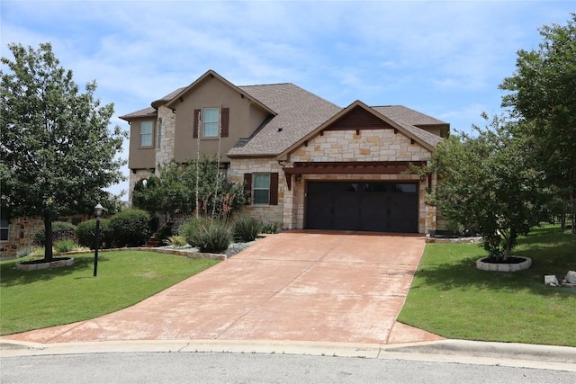 205 Agave Bloom Cv, Austin, TX 78738 - view of front of property with stone siding, stucco siding, concrete driveway, a front yard, and an attached garage