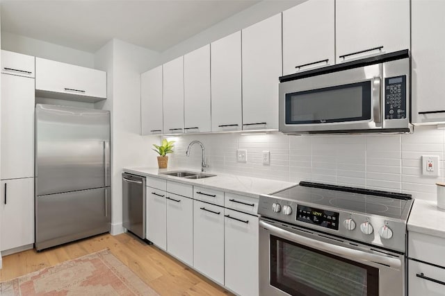 kitchen featuring stainless steel appliances, light wood-style flooring, decorative backsplash, white cabinetry, and a sink