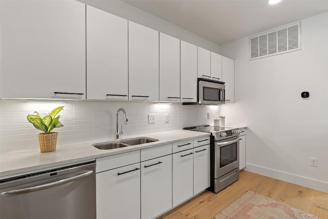 kitchen with stainless steel appliances, visible vents, decorative backsplash, white cabinets, and a sink