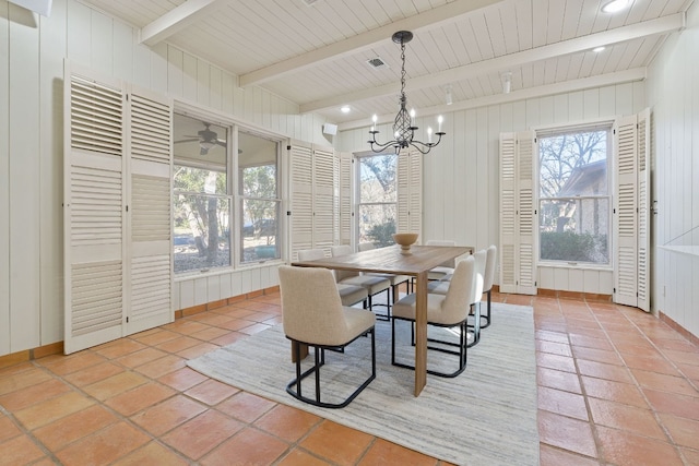 dining space with visible vents, beamed ceiling, and ceiling fan with notable chandelier