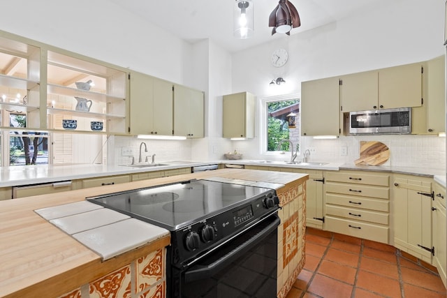 6615 La Concha Pass, Austin, TX 78749 - kitchen featuring black electric range oven, stainless steel microwave, cream cabinetry, a sink, and a towering ceiling