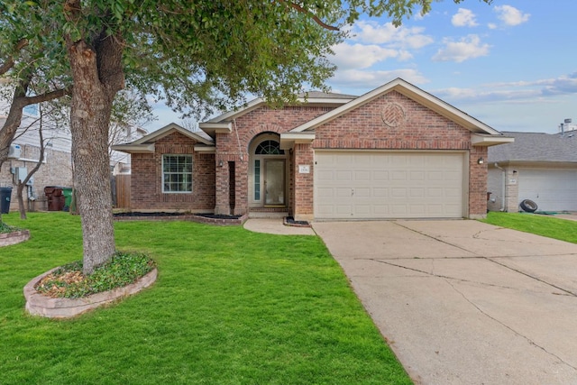 ranch-style house with brick siding, an attached garage, concrete driveway, and a front lawn