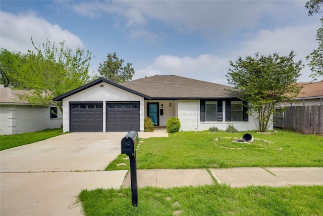 ranch-style home featuring fence, an attached garage, brick siding, a front lawn, and driveway