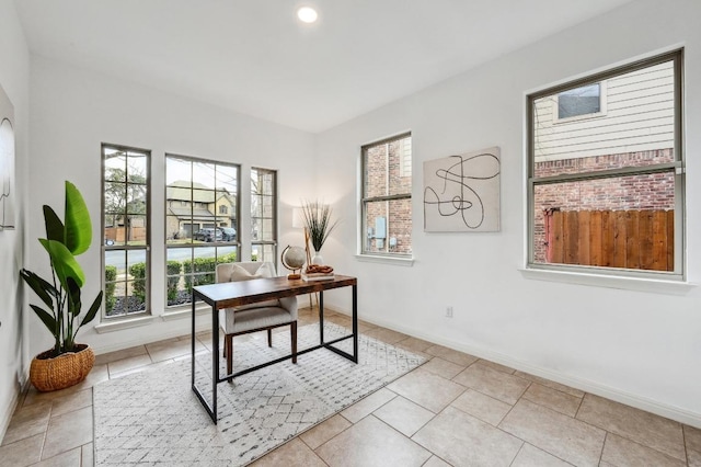 office area featuring recessed lighting, light tile patterned flooring, and baseboards