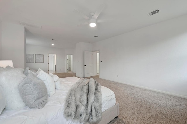 bedroom with light carpet, baseboards, visible vents, and a ceiling fan