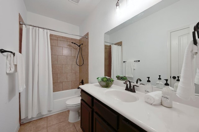 bathroom with shower / tub combo, visible vents, toilet, tile patterned flooring, and vanity