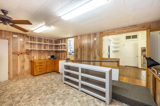 interior space with ceiling fan and wood walls