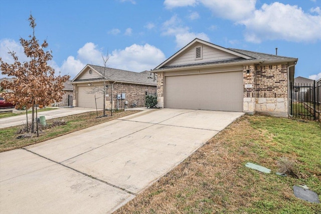 ranch-style home featuring concrete driveway, brick siding, fence, and an attached garage