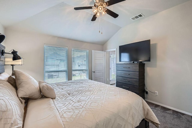 bedroom featuring baseboards, visible vents, a ceiling fan, lofted ceiling, and carpet flooring