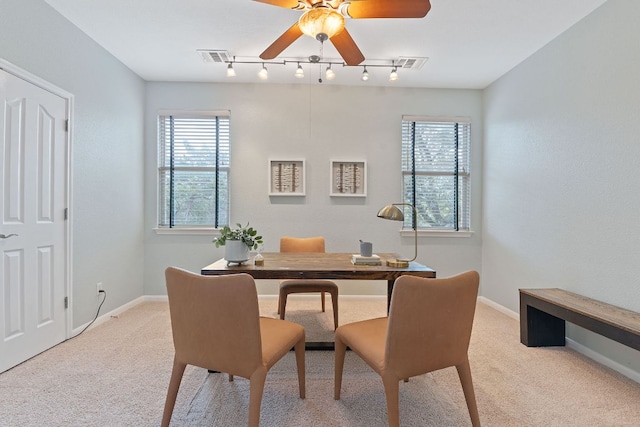 office area featuring a wealth of natural light, light carpet, and baseboards