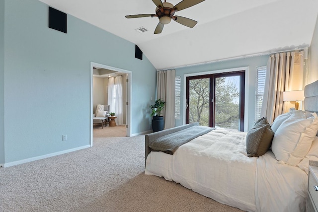 carpeted bedroom with a ceiling fan, visible vents, vaulted ceiling, and baseboards