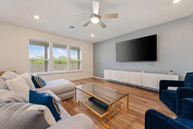 4805 Cressal Dr, Pflugerville, TX 78653 - living area with ceiling fan, recessed lighting, wood finished floors, and baseboards