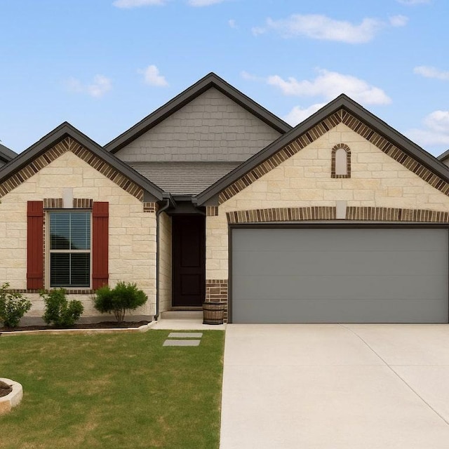 4805 Cressal Dr, Pflugerville, TX 78653 - french country inspired facade featuring stone siding, a garage, driveway, a front lawn, and roof with shingles