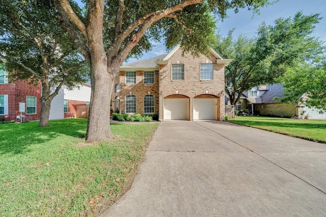 view of front of house with driveway, an attached garage, a front yard, and brick siding