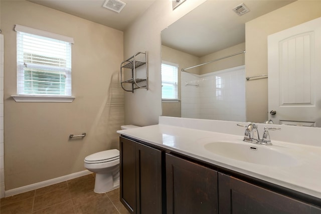 full bathroom featuring tile patterned floors, visible vents, baseboards, and toilet