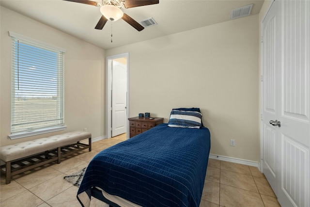 bedroom with a ceiling fan, visible vents, baseboards, and light tile patterned floors