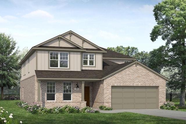 craftsman inspired home featuring a garage, concrete driveway, brick siding, and a front lawn