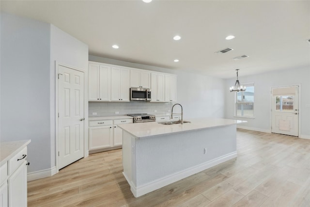 kitchen featuring appliances with stainless steel finishes, a sink, visible vents, and tasteful backsplash