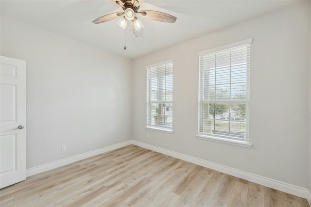 unfurnished room featuring ceiling fan, light wood-style flooring, and baseboards