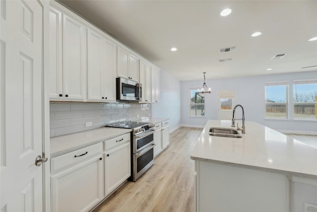 kitchen featuring tasteful backsplash, visible vents, white cabinets, stainless steel appliances, and a sink