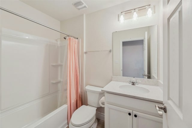 bathroom featuring shower / bathtub combination with curtain, visible vents, vanity, and toilet