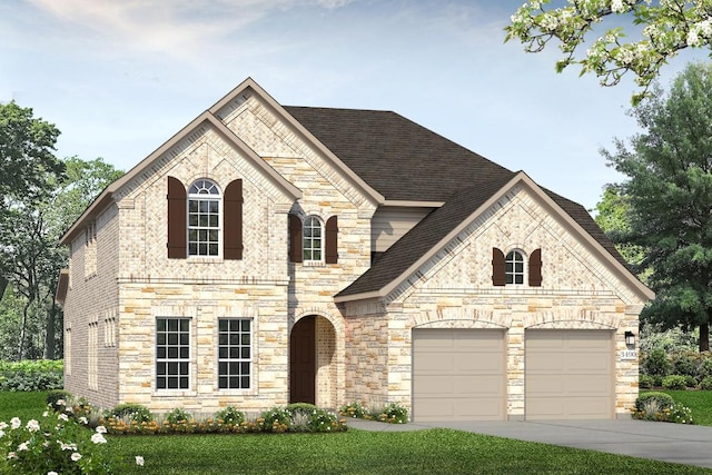 french country inspired facade featuring an attached garage, a shingled roof, brick siding, driveway, and a front lawn