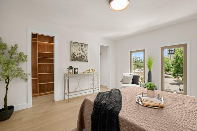 bedroom with light wood-style floors, a spacious closet, and baseboards