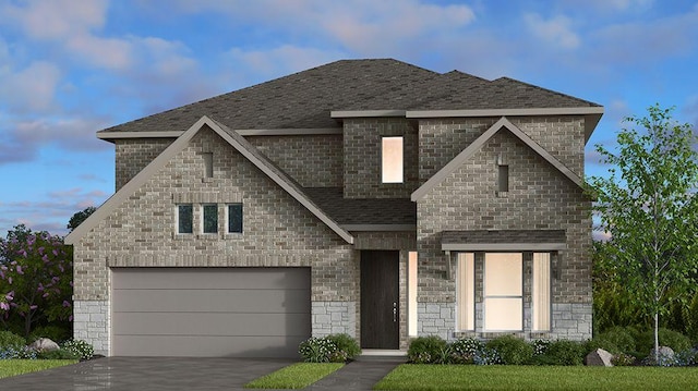 french country style house featuring a garage, stone siding, brick siding, and roof with shingles