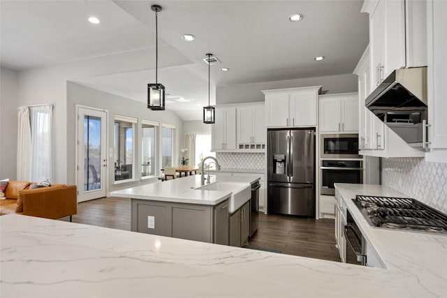 kitchen featuring dark wood-style floors, tasteful backsplash, appliances with stainless steel finishes, a sink, and under cabinet range hood