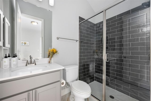 full bathroom featuring toilet, a shower stall, and vanity