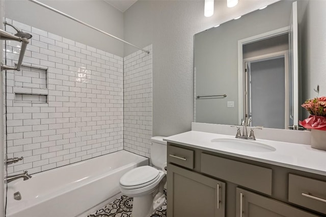 full bath with toilet, a textured wall, shower / tub combination, and vanity