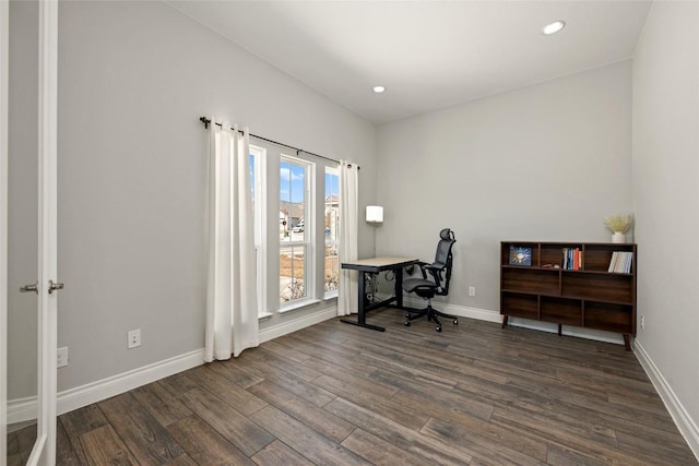 office featuring dark wood-style floors, baseboards, and recessed lighting