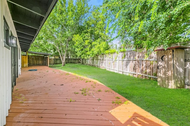 deck featuring a fenced backyard and a lawn