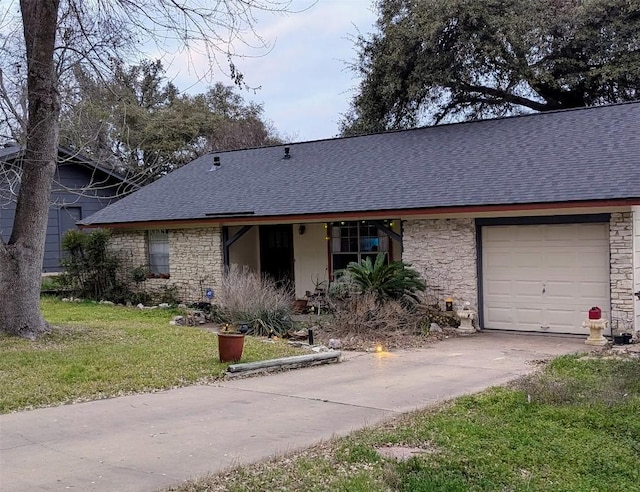 view of front of house featuring a garage, stone siding, concrete driveway, and roof with shingles