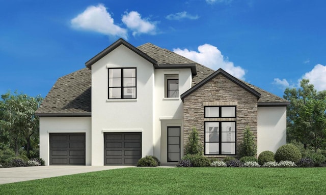 view of front of property featuring stone siding, driveway, a front lawn, and stucco siding