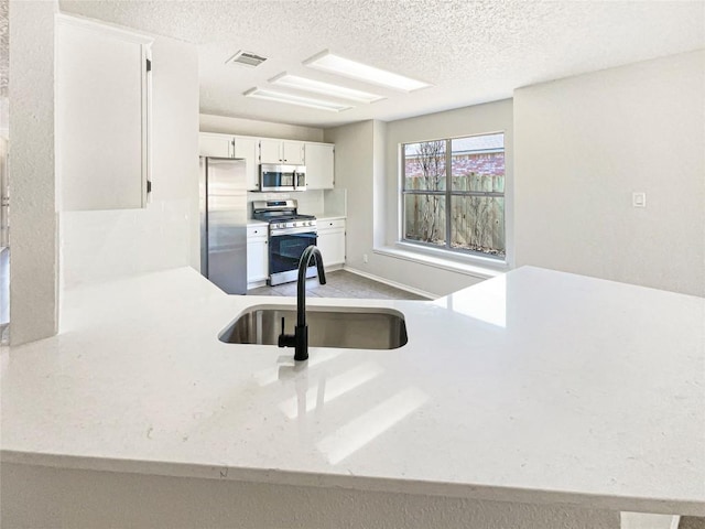 923 Timber Trl, Cedar Park, TX 78613 - kitchen with stainless steel appliances, a sink, white cabinetry, a textured ceiling, and a peninsula
