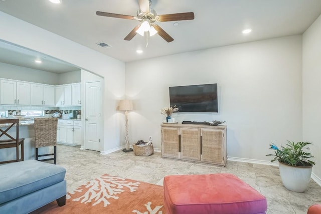 205 Birch Oak Ln, Georgetown, TX 78628 - living room featuring baseboards, a ceiling fan, visible vents, and recessed lighting