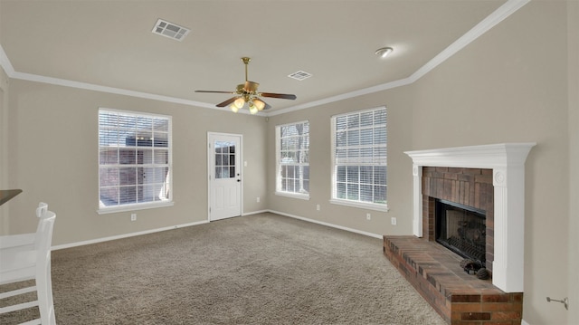 unfurnished living room with carpet floors, a brick fireplace, visible vents, and baseboards