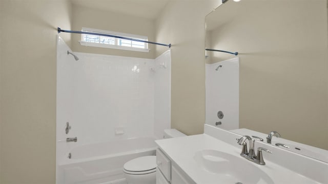 full bath with toilet, shower / bath combination, and vanity