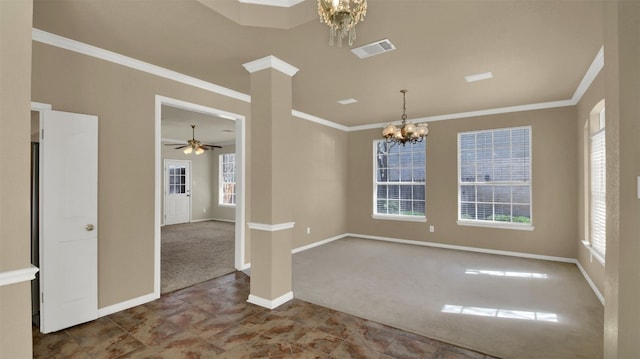 unfurnished dining area featuring crown molding, carpet, baseboards, and visible vents