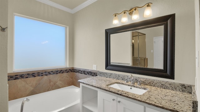 bathroom featuring ornamental molding, vanity, and a bath