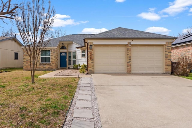 ranch-style home featuring a garage, a front yard, driveway, and a shingled roof