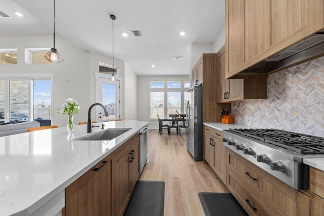 kitchen featuring light wood-style flooring, a sink, light countertops, appliances with stainless steel finishes, and custom exhaust hood