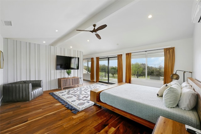 bedroom featuring visible vents, wood finished floors, beamed ceiling, access to exterior, and an AC wall unit